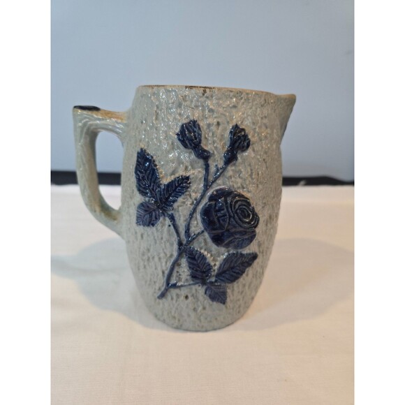 Antique Utica Pottery Stoneware Pitcher Blue Raised Rose Pattern 1800s - As Is - Picture 2 of 11